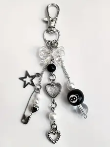 Handmade Black 8 Ball Pendant Keychain Bag Charm Aestheti Cool Punk Style Resin Beaded Keychain with Black 8 Balls & Bow-Heart-Shaped & Star Charms Number Black 8 Ball Keychain Billiards Bag Charms Key Chain Accessories Bag Decoration Valentine'S Day Gift