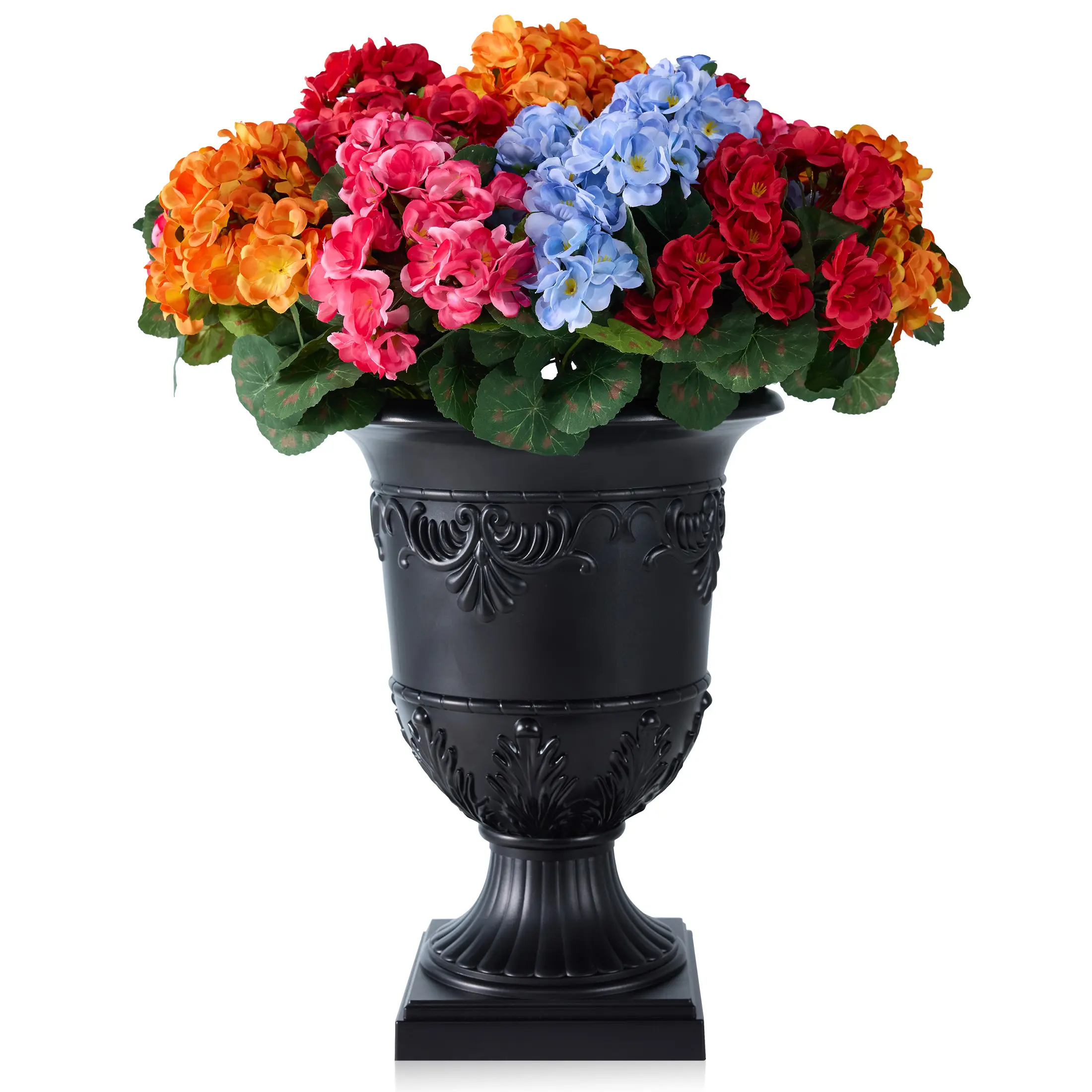 DR.Planzen 25" Traditional Pre-Potted Artificial Geranium Urn Planter Set (Photorealism Lifelike Faux Flowers, Tray Included) - Black Friday Floral Decor Indoor Accent (1-Pack/2-Pack Options), Decorative