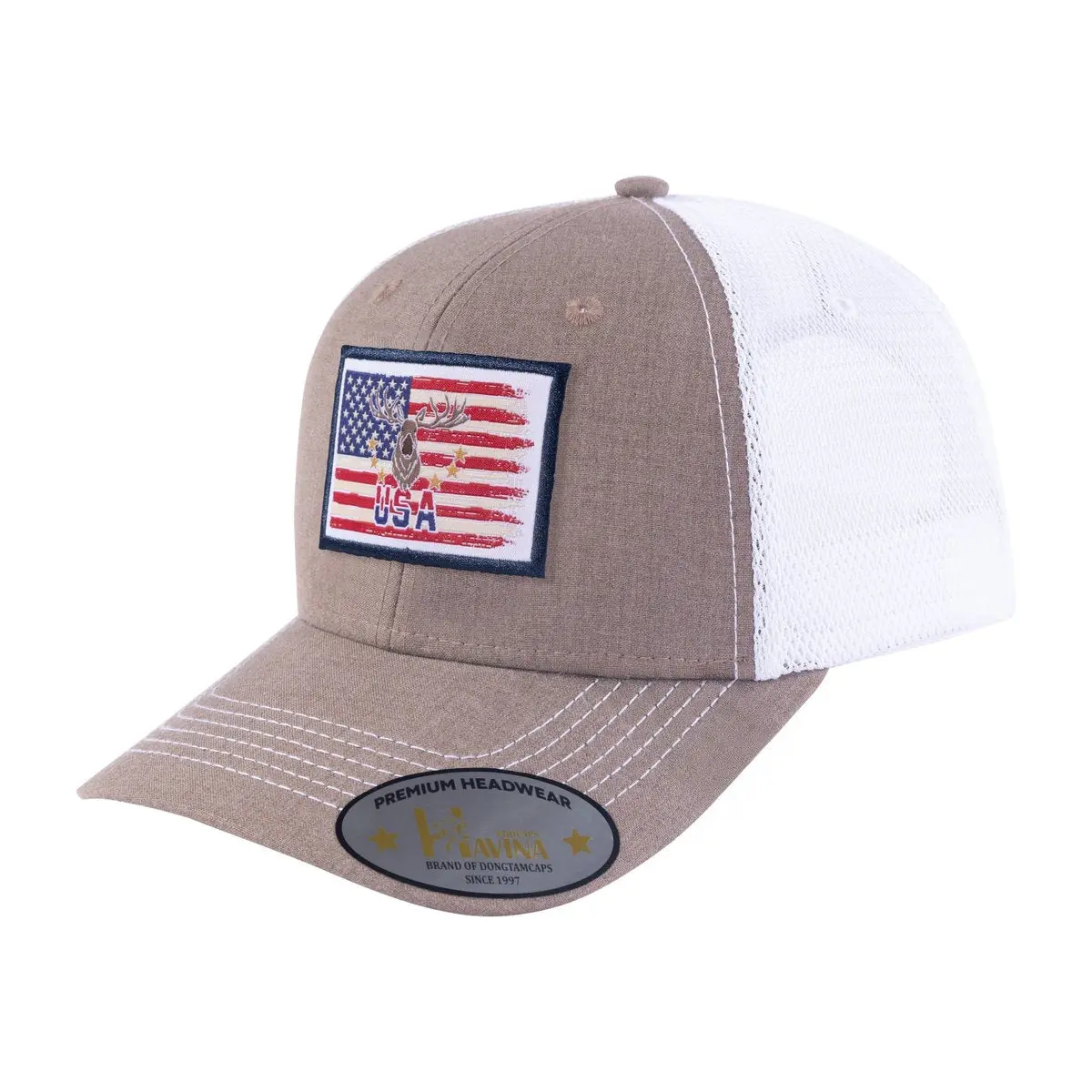 Embroidered US Deer Hunter - 6 Panel Trucker Hat - Light Brown/White