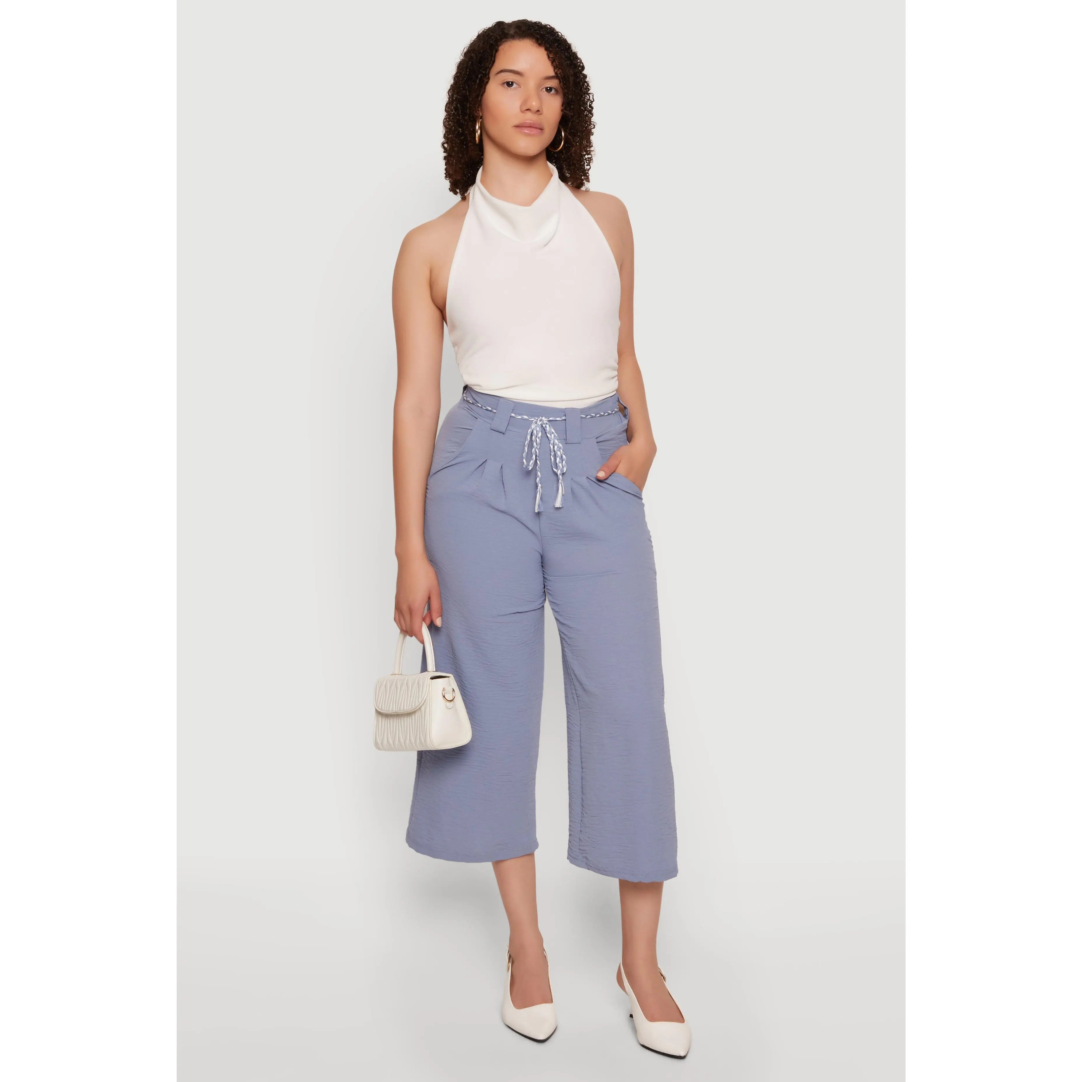 Crepe Knit Pleated High Waisted Capris Pants