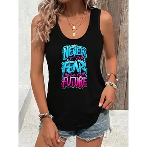 Women's Casual Sleeveless Polyester-Rayon Vest, Lady's Light Comfortable Printed Letter Design Tank Top, Breathable Skin-Friendly Outdoor Wear for Spring Summer