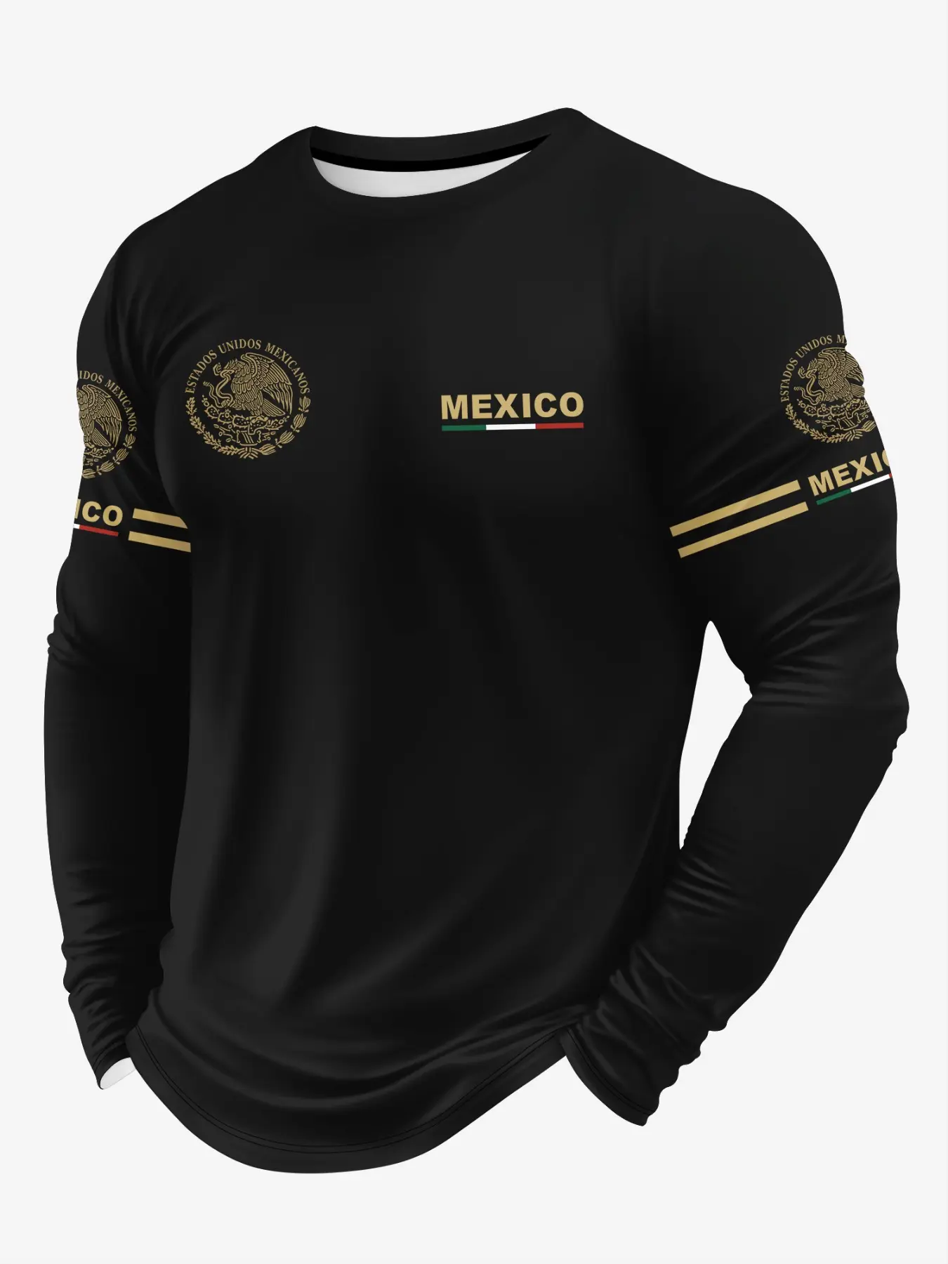 Men's Casual Crew Neck Fitted Mexico Graphic Long Sleeve T-Shirt, Streetwear, Ideal for Spring & Fall, Perfect Daily Wear, Comfortable and Stylish, Menswear