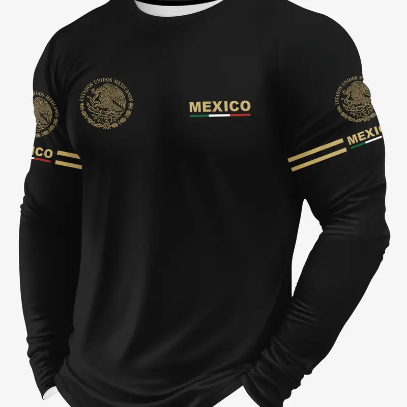 Men's Casual Crew Neck Fitted Mexico Street Fashion Graphic Long Sleeve T-Shirt, Streetwear, Ideal for Spring & Fall, Perfect Daily Wear, Comfortable and Stylish, Menswear
