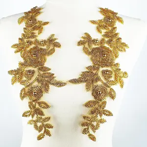 Gold 3D Lace Applique, Sew on Flower Bead Fabric Patches Embroidered Trim for Wedding Dress Decor DIY Sewing Clothing 12.6" x 4.3"Inch (1 Pair)