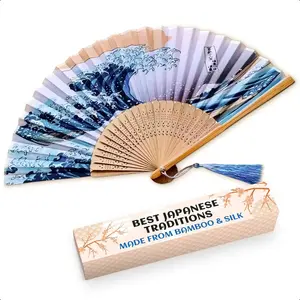 Silk Japanese Fan Bamboo Handheld Folding Fan for Women Kanagawa Wave Retro Style 14.5x8.2" Size Vintage Fans Colorful Folding Fans Handheld Good for Dancing Decorating and Gifting