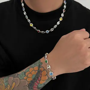 Men’s Stainless Steel Necklace and Bracelet Set, Rhinestone Jewelry Gift