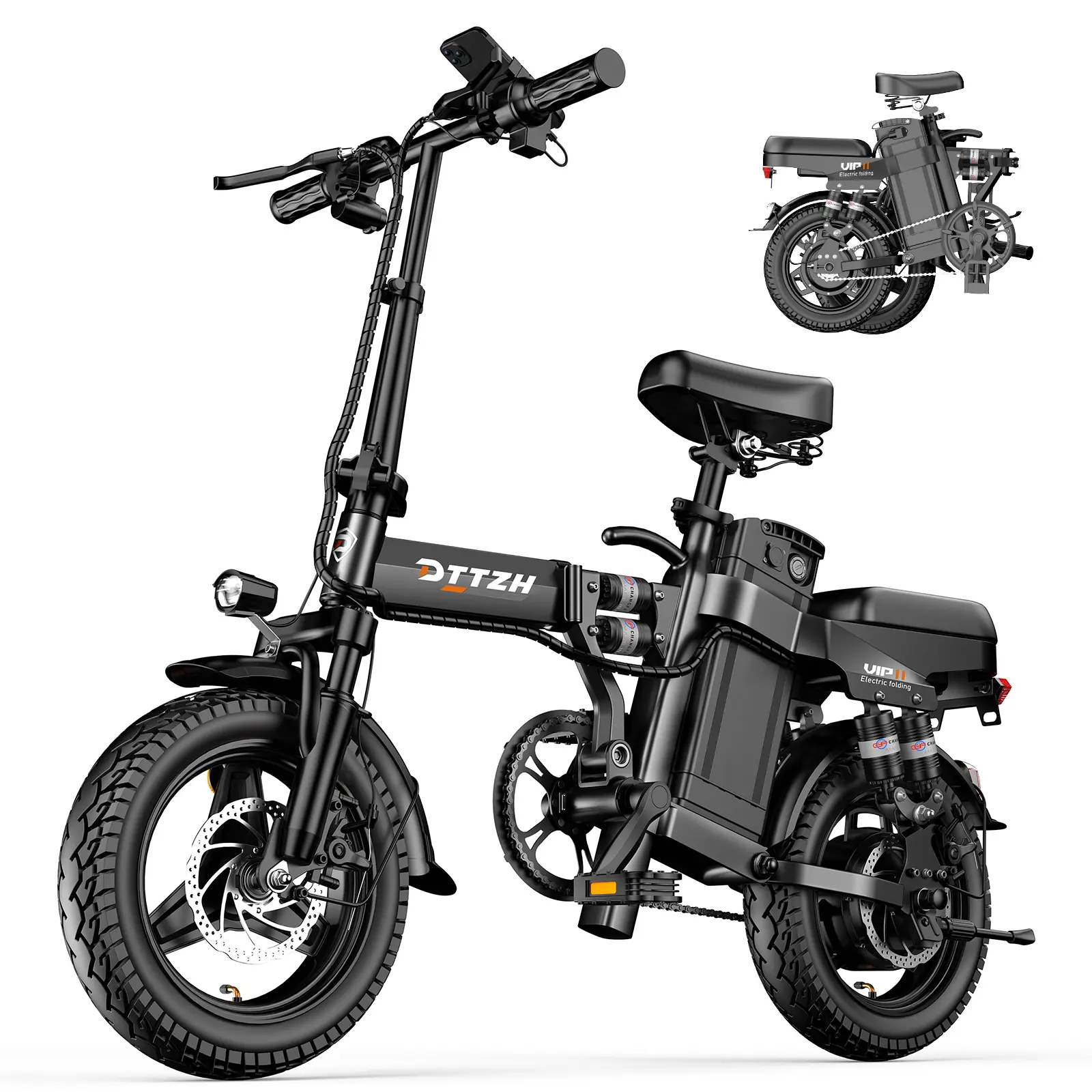 【DZZTH】A12 Foldable EBike, 14"Commuter Adult Electric Bicycle, Peak Power 1000W, MAX PAS Range 60Miles,28 MPH Top Speed,48V15Ah Removable Battery, 14"Anti-Stab Tire and Rear Disc Brake Design, LED Display Portable Ebike,Can Carry 2 People