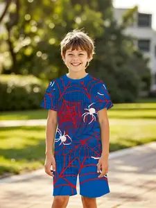 Boys' 3D Spider Web Theme Short Sleeve Set, Blue Color Block Spider Print Summer, Perfect for Parties, Festivals, Birthday Gifts