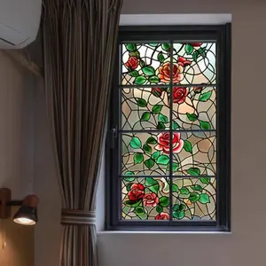 Stained Glass Window Film 3D Red Rose Window Privacy Film Bathroom Peel and Stick Window Cling Removable