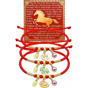 3 count/6pcs 2026  Year of Horse Charm Bracelets, Red Braided Adjustable String Zodiac  Enamel Colored Horse Bell Pendant Good Luck  Gifts for Women Men With  Card Box