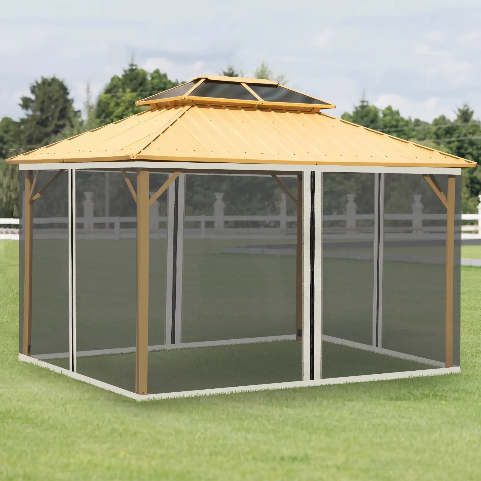 SAVEYOUR 10'x13' Gazebo Netting, 4-Panel Polyester Replacement Sidewalls with Zippers & Cream Trim, Easy-Install Zip-On Screen for Outdoor Patios, Durable, Blocks Flying Bugs, For Outdoors
