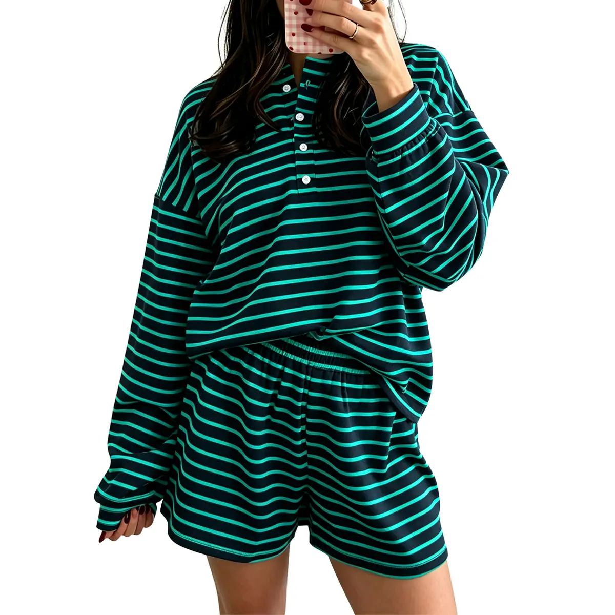 Arssm  Women's Striped Lounge Set Oversized Henley Top Cotton Shorts Matching Sets