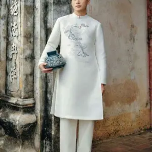Áo Dài Nam Trắng Tafta Chim Hạc thêu- Vietnamese Traditional Men dress