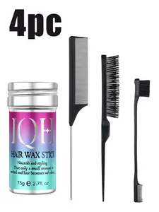 4pc Hair Wax Stick Styling Set, Smooth Flyaways Kit with Tail Comb, Smoothing Brush and Edge Brush for Ponytail, Bun and Hairline Styling