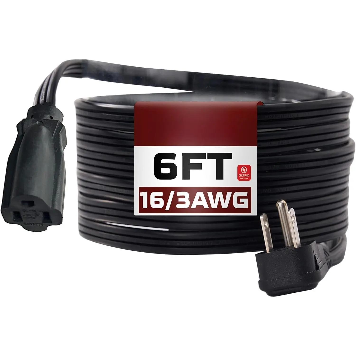 Black Flat Plug Extension Cord 6 ft, Indoor Extension Cord, 16/3 SPT-3 13A 3 Prong Power Cord for Kitchens, Behind Furniture, Office, UL Listed
