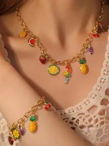 Women's Fruit Necklace Bracelet Set, Watermelon Strawberry Cherry Design, Elegant Summer Jewelry Accessories for Women & Girls