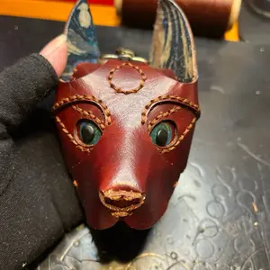 Barklett Hand Sewn Mini Wallet Real Veg Tan Leather Dog Face Design All Black with Blue Eyes USA Made Holds Quite a Bit