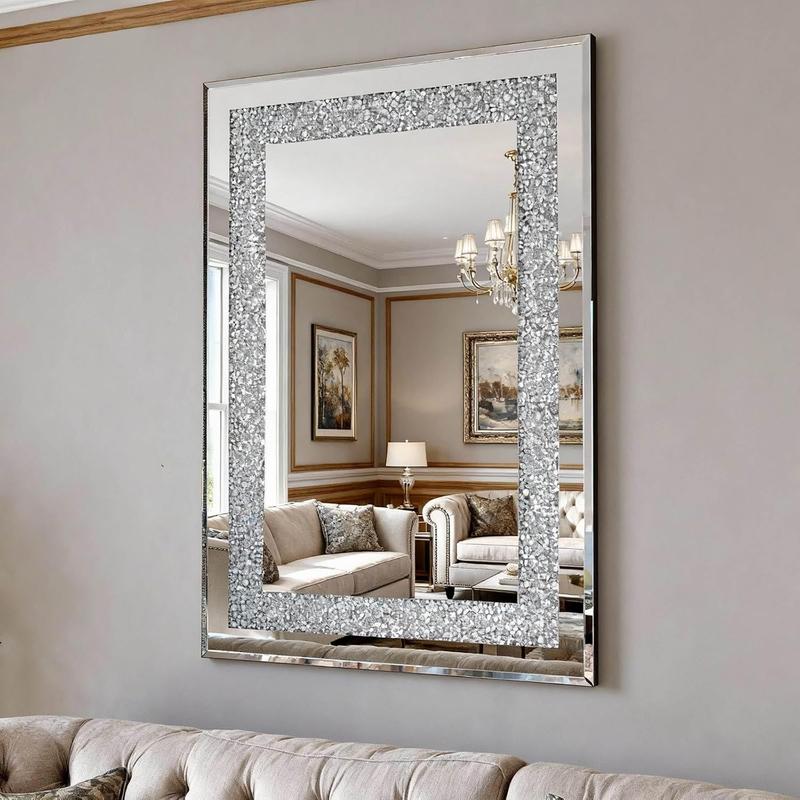 Crystal Crushed Diamond Wall Mirror 36x24 Inch, Large Rectangle Wall Mirror with Beveled Edge, Luxury Silver Frame, Perfect for Living Room, Bathroom, Entryway Decor