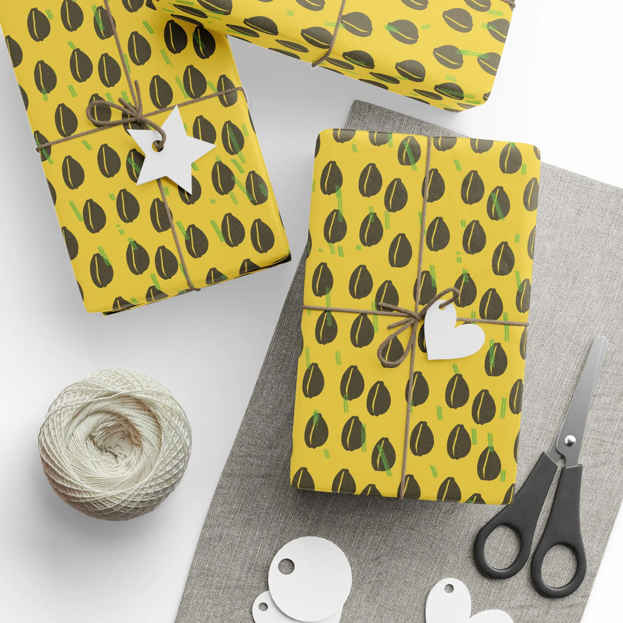 Artistic Cowries Yellow Gift Wrapping Paper - Made-to-Order, Multi-Size, 30x180cm/30''x72'', High-Quality Paper Stock, Glossy Finish Options, 1-Side Print, Ideal for Elegant Gift Presentation (Office Stationery Supplies), One-Side Print