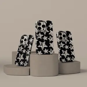 Silver Star Embossed iPhone Magsafe / Tough Phone Case, Black Metallic Star Pattern, Design For iPhone 17 16 15 14 13 12 11