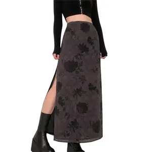 Vintage Grunge Fairycore Midi Skirts Printed Split Long Skirts A Line Mid-Calf Skirt Harajuku Fall Winter Retro Clothing