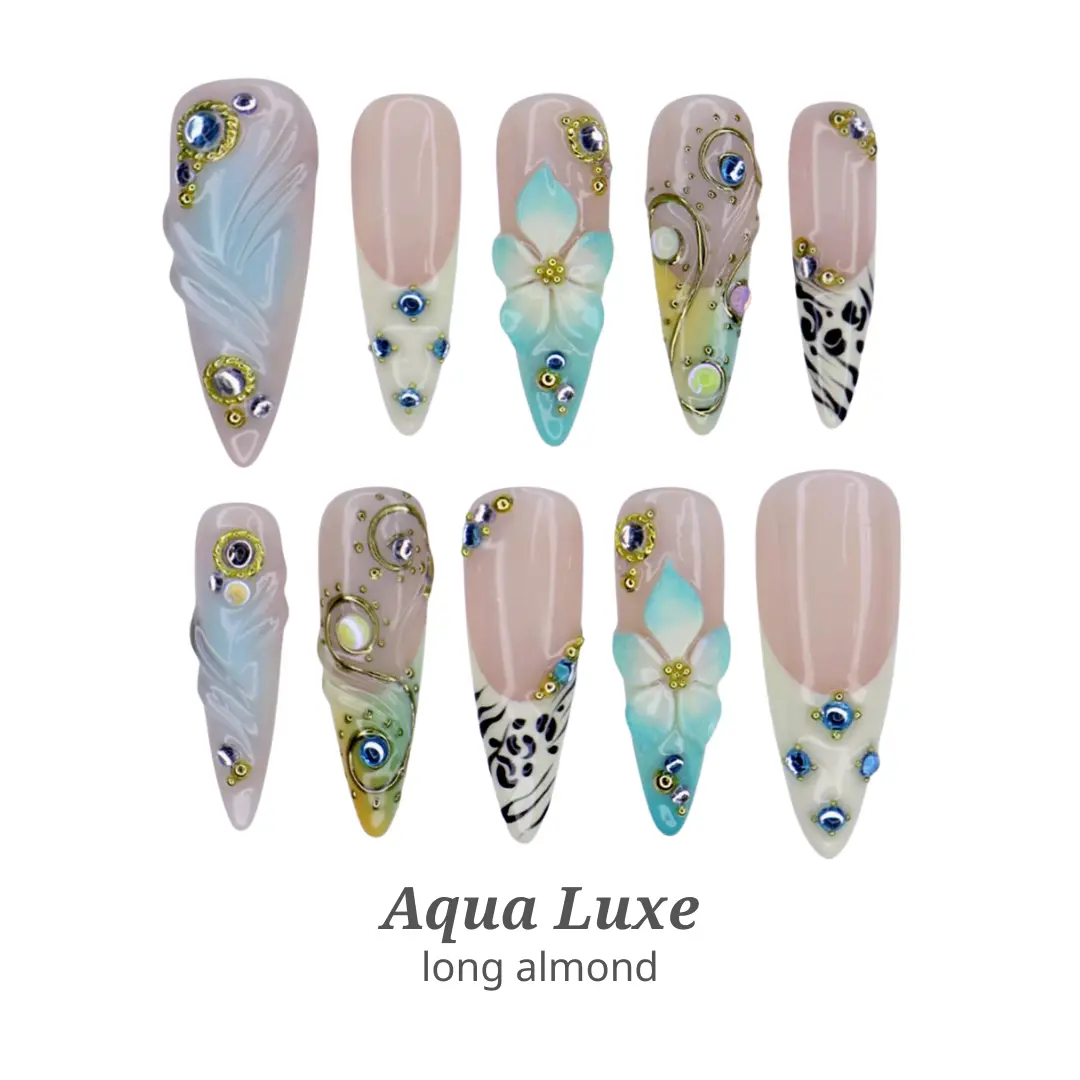 Lilynailsart | Aqua Luxe Press On Nails - Ocean, Floral & Pearl Luxury Nail Art - Long Almond