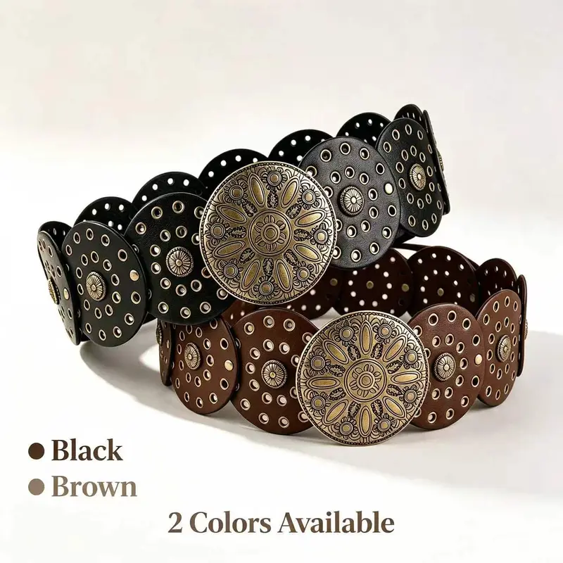 Vintage Bohemian Women's Leather Belt, Western-Style Handcrafted Engraved Round Metal Buckle, Perforated Design, Versatile Fashion Accessory for Women for Casual, Party Use, All-Season Wear, Accessories For Women