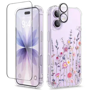 for iPhone 17 Case, with Screen Protector+Camera Lens Protector, [NonYellowing] Clear Floral Slim Shockproof Protective Hard PC Back Women Phone Case for iPhone 17 6.3", Floratopia/Colorful