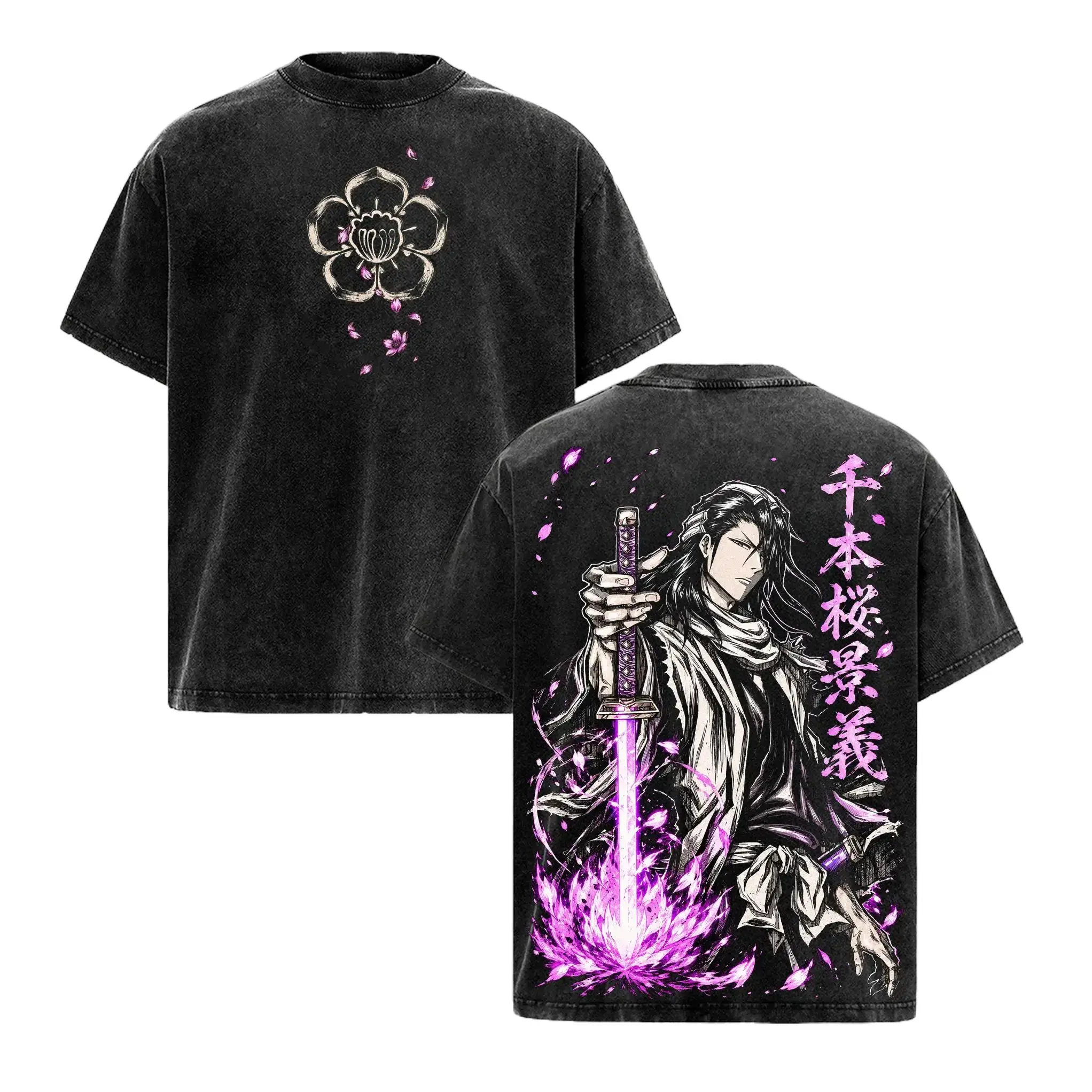 Men's Bleach Graphic T-shirt featuring Byakuya Kuchiki, Vintage Washed Heavyweight Cotton Tee with an Oversized Fit for Summer Streetwear, Tshirt, Shortsleeve, Aesthetics, Menswear, Original, Vector Graphics, Heavy Cotton