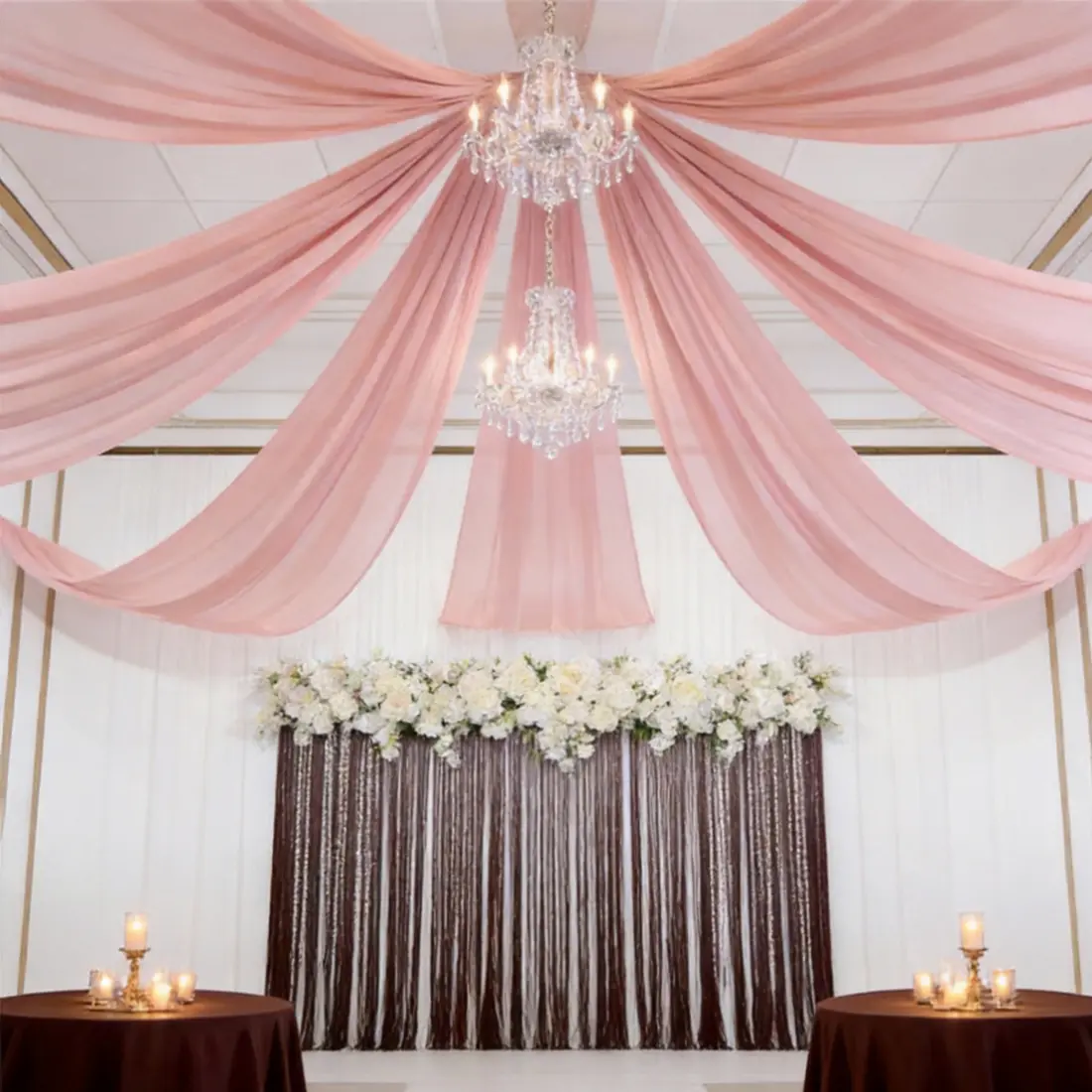 Wedding Chiffon Ceiling Drapes 18 Panels Dusty Rose 5ftx10ft Long Arch Draping Fabric Sheer Swag Drapes for Indoor Ceremony Party Stage Decoration White Arch Backdrop Decorating