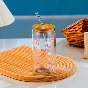 High Borosilicate Glass Bow Tie Cup Set, 500ML/16.9oz, with Lid and Straw, Perfect Gift for All Holidays, Ideal for Valentine's Day, Teacher's Day, Thanksgiving, Christmas, Halloween