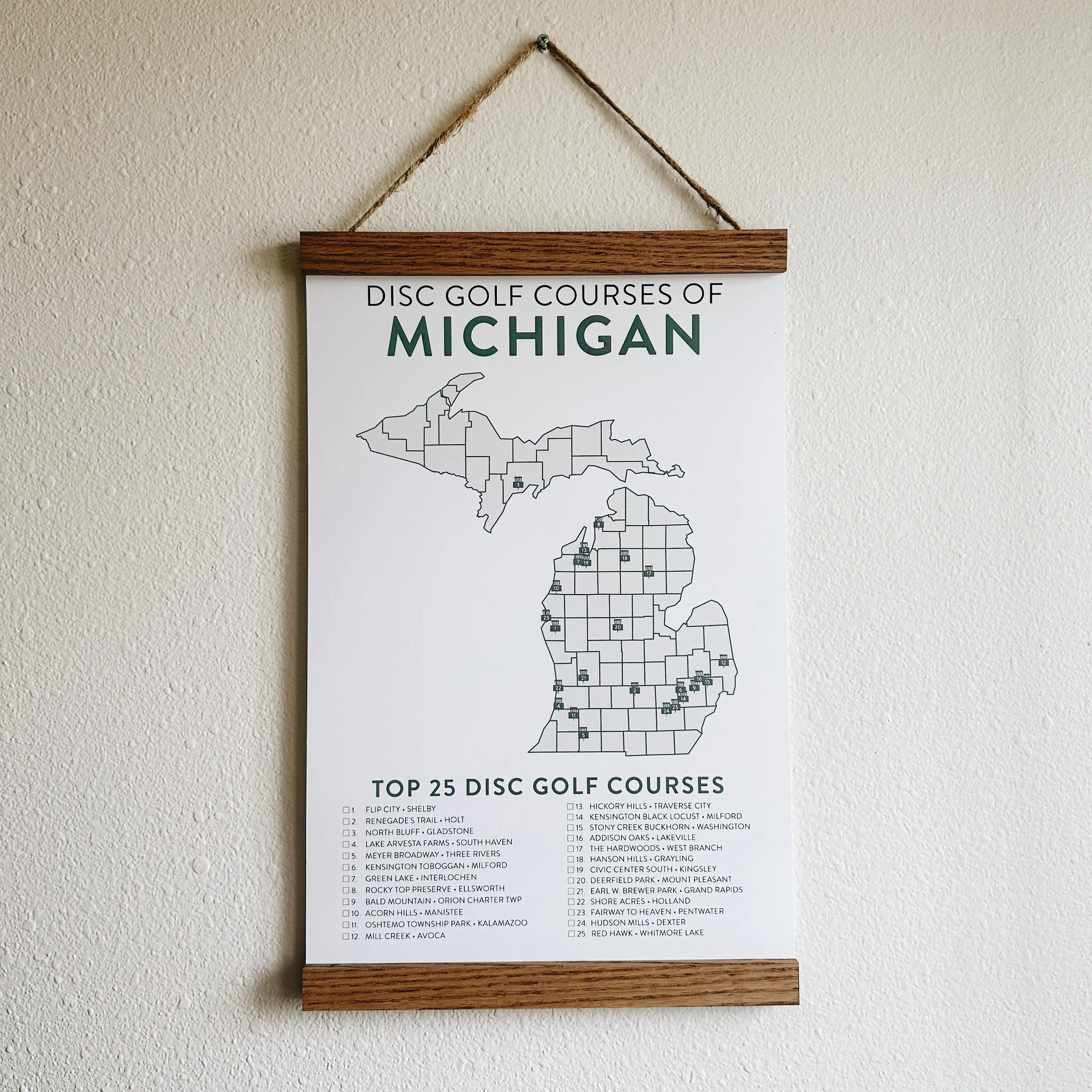 Magnetic Wood Hanger Frame for Disc Golf Posters - Fits 12" or 19" Disc Golf Goals Posters - Made from Solid Oak Hardwood with Warm Harvest Oak Stain - Includes 3 Hanging String Options