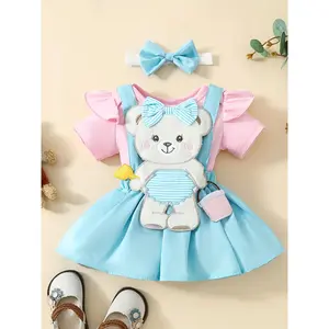 3pcs Cute Bear Short Sleeve Romper Dress Set for Girls, Summer Vacation Play Outfit with Bib + Skirt + Headband, Perfect for Outdoor