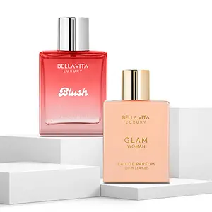 BellaVita Luxury Blush & Glam Perfume Combo for Women | Eau De Parfum Gift Set | Long Lasting Floral, Woody & Musky Fragrances | 2 x 100ml | Elegant, Premium & Cruelty-Free Perfume Duo
