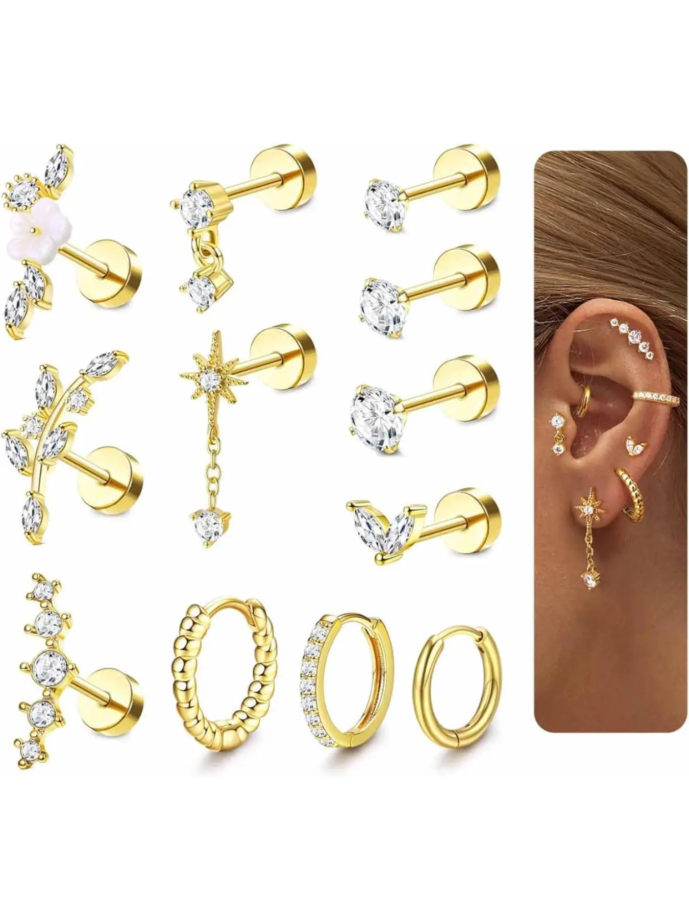 16 Gauge Cartilage Earrings for Women Flat Back Ear Studs Flat Pierced Earring - Hypoallergenic Stainless Steel Stud Hoop Cartilage Earring Set Daith Conch Tragus Helix Piercing Jewelry Single PC