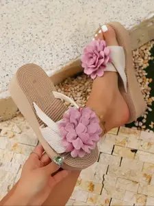 Women's Round Toe Thick Sole Wedge Sandals Flip Flops, Floral Pattern, Textile Upper, Rubber Sole, Casual Summer Shoes, All Seasons, Embellished Platform Sandals
