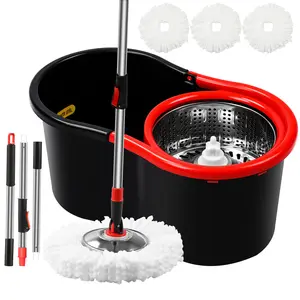 Spin Mop and Bucket with Wringer Set,360° Mop and Bucket System with 3 Microfiber Mop Refills and 50" Extended Handle for Floor Cleaning (Black)