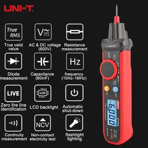 UNI-T High-Precision Digital Multimeter Pen - Smart, One-Handed Operation, 600V AC/DC Voltage Tester with Large 60mF Capacitance, Frequency & Diode Identification - Red, Easy-to-Read LCD Display for Electrical Troubleshooting, Voltage Teste