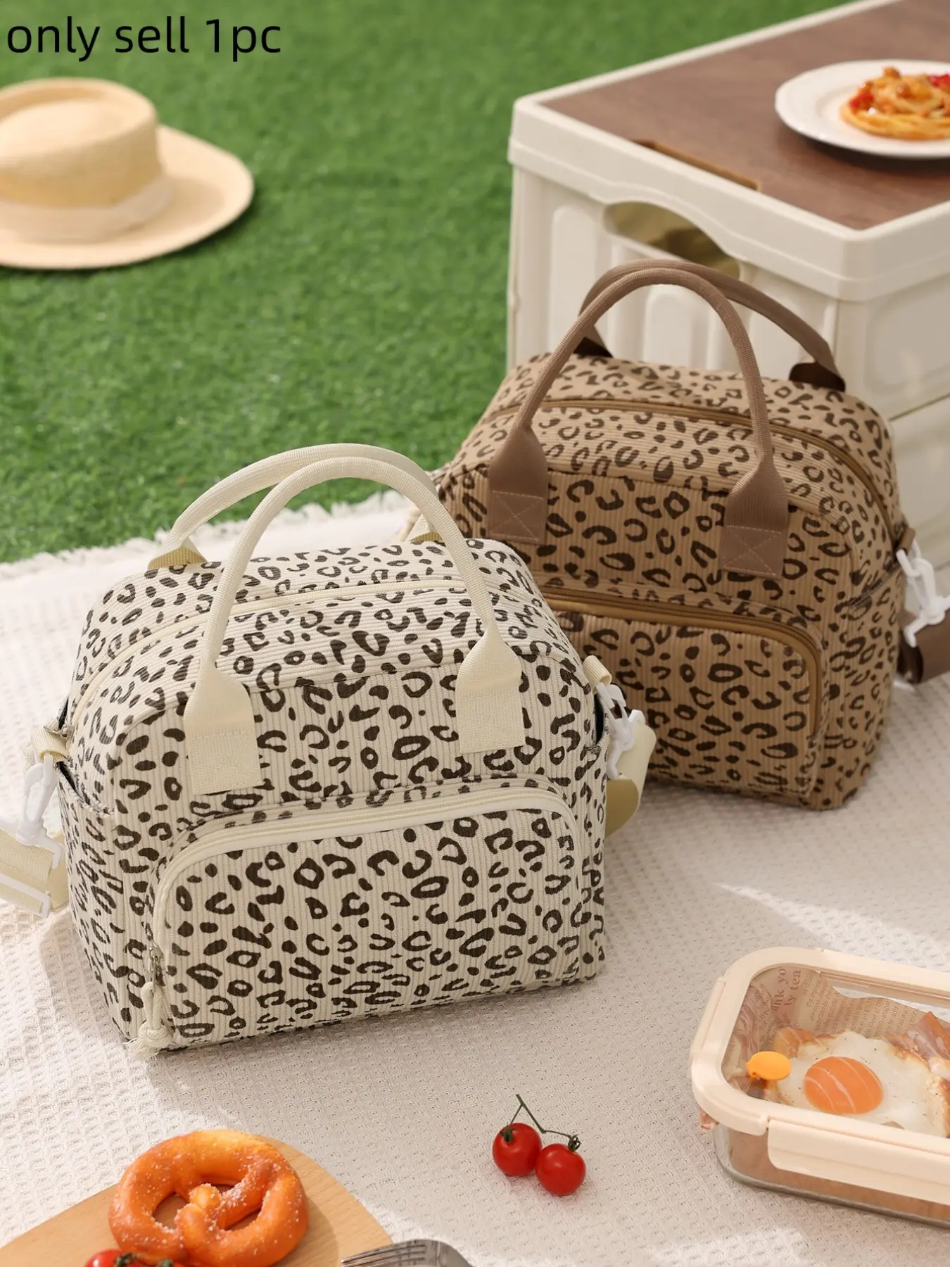 1pc Portable Cherry Corduroy Insulated Lunch Bag, Durable Lunch Bag, Corduroy Lunch Tote, Star & Leopard-Print Lunch Box, Reusable With Adjustable Shoulder Strap, Large Capacity Cooler Bag Waterproof Thermal, Thickened For Students, Work, Zipper Lunch Bag
