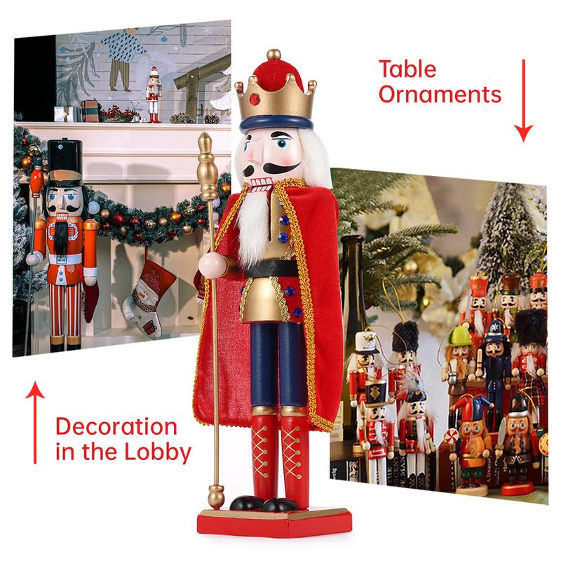 38CM Christmas Wooden Nutcracker Vintage Statue Creative Puppet Handmade European Style Model Red King Doll Christmas Gift Home Decoration