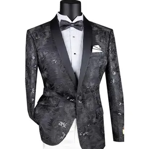 Mens Slim Fit Shiny Floral Sequin Prom Tuxedo Dinner Jacket in Black