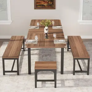 5 Piece Extendable Dining Table for 4-8, 47.3"-63" Long Rectangular Wood Kitchen Table with Sturdy Metal Frame, Industrial Dining Room Tables with 2 Benches and 2 Stools for Kitchen, Living Room,Walnut