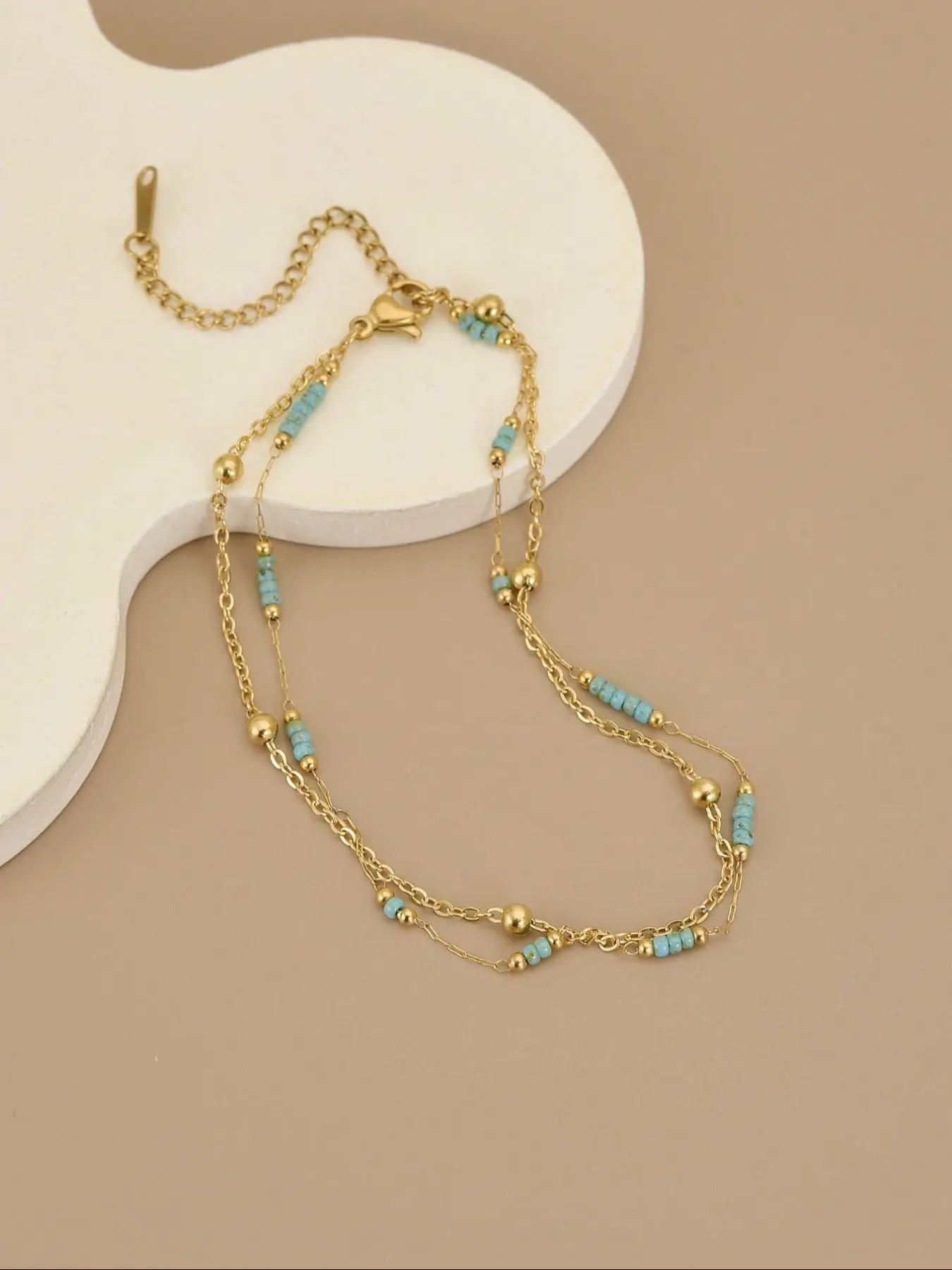 Women's Stainless Steel Anklet, Beaded Design, Double Layered, Fashion Jewelry for Beach Vacation, Durable & Stylish Accessory, Dainty Layered Anklet, Fashionable Accessory
