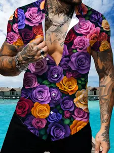 Colorful Rose Print Short Sleeve Shirt, Casual Unisex Style, Summer Fashion Top, Multi-color Floral Pattern