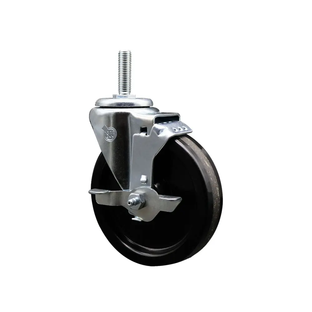 Service Caster SCC-TS20S514-PHR-TLB-34212 Phenolic Swivel Threaded Stem Caster, 5x1.25 in. Black Wheel, 0.75 in. Stem, Top Locking Brake, 300 lbs Capacity, High Impact Resistance for Carts, Equipment in Industrial Settings, 5 X 1.25 In, Casters