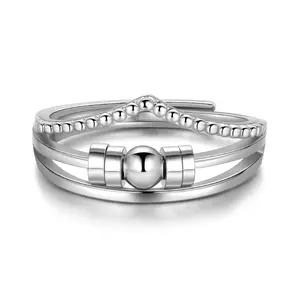 Fasjewly 18K Platinum Plated Modern Adjustable Ring Geometric Ball Chain Design Silver Shine Versatile Everyday Jewelry