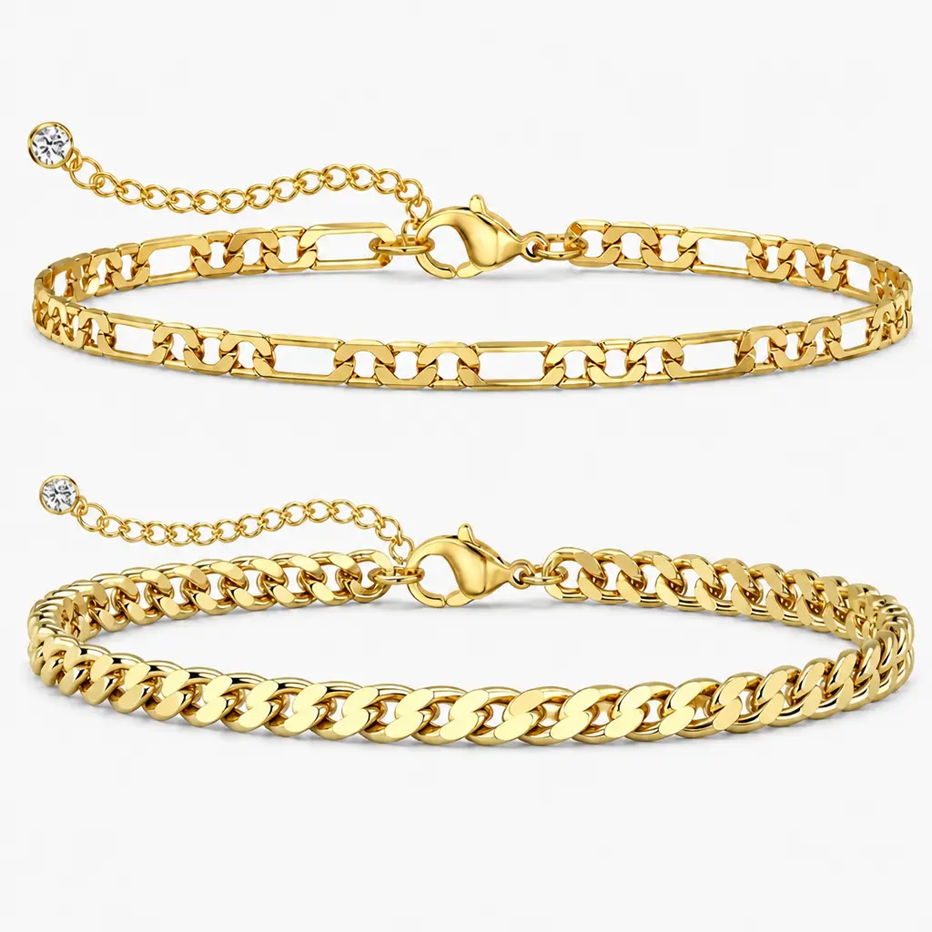 Women's 2-Piece Gold-Tone Cuban & Figaro Chain Jewelry Anklets, Electroplated Stainless Steel Adjustable Ankle Bracelets