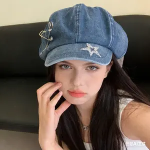 Washed Denim Star Cloud Beret for Women, Rhinestone Star Decor, Large Head Size, Face Slimming Peaked Newsboy Cap