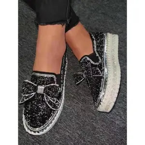 Women's Rhinestone Bow Decorated Slip on Loafers, Round Toe Trending Shoes, Fashionable Glitter Decorated Platform Shoes, Elegant Casual Comfortable Shoes for Daily Wear