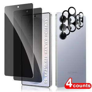 2PCS Anti-Spy Tempered Glass Film +2PCS Arc Edge Lens Glass Film for Samsung Galaxy S26 Ultra S26+ Plus S26 5g, Fingerprint Unlock, Anti fall, wear-resistant, explosion-proof screen protective film, fully wrapped lens glass, Screen Protector